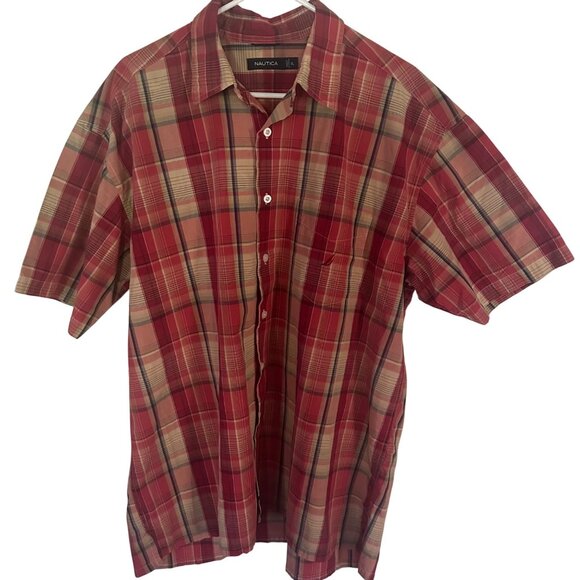 Nautica Other - Nautica red and brown plaid short sleeve button up shirt size XL